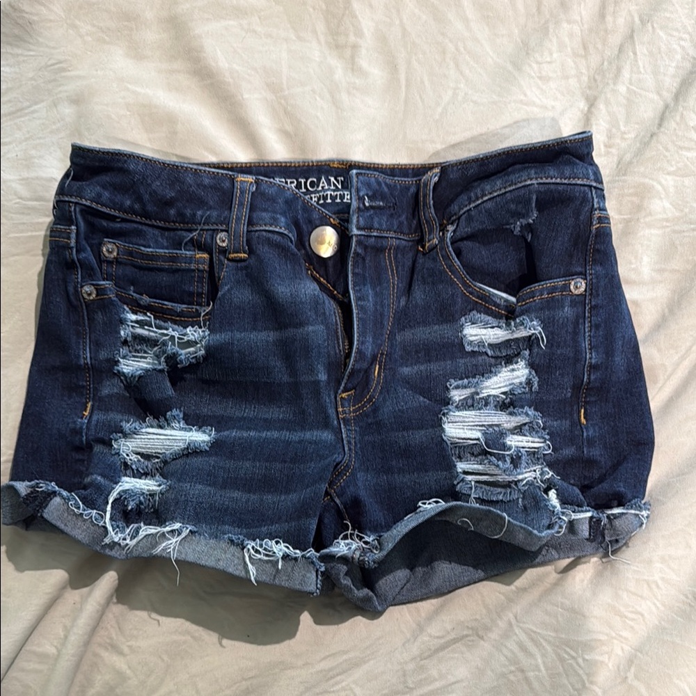 American Eagle Outfitters Women's Distressed Denim Shorts - Dark Blue